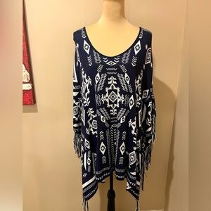 H&M Divided Navy and White Native Design Fringe Poncho, size Small